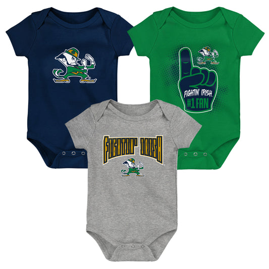 Infant Navy/Green/Heather Gray Notre Dame Fighting Irish Game On Three-Pack Bodysuit Set