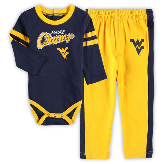 Newborn & Infant Navy/Gold West Virginia Mountaineers Little Kicker Long Sleeve Bodysuit & Sweatpants Set