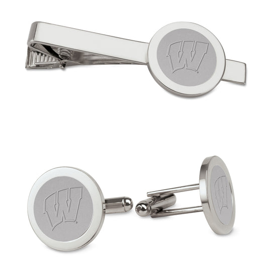 Men's Silver Wisconsin Badgers Cufflinks & Tie Bar Gift Set
