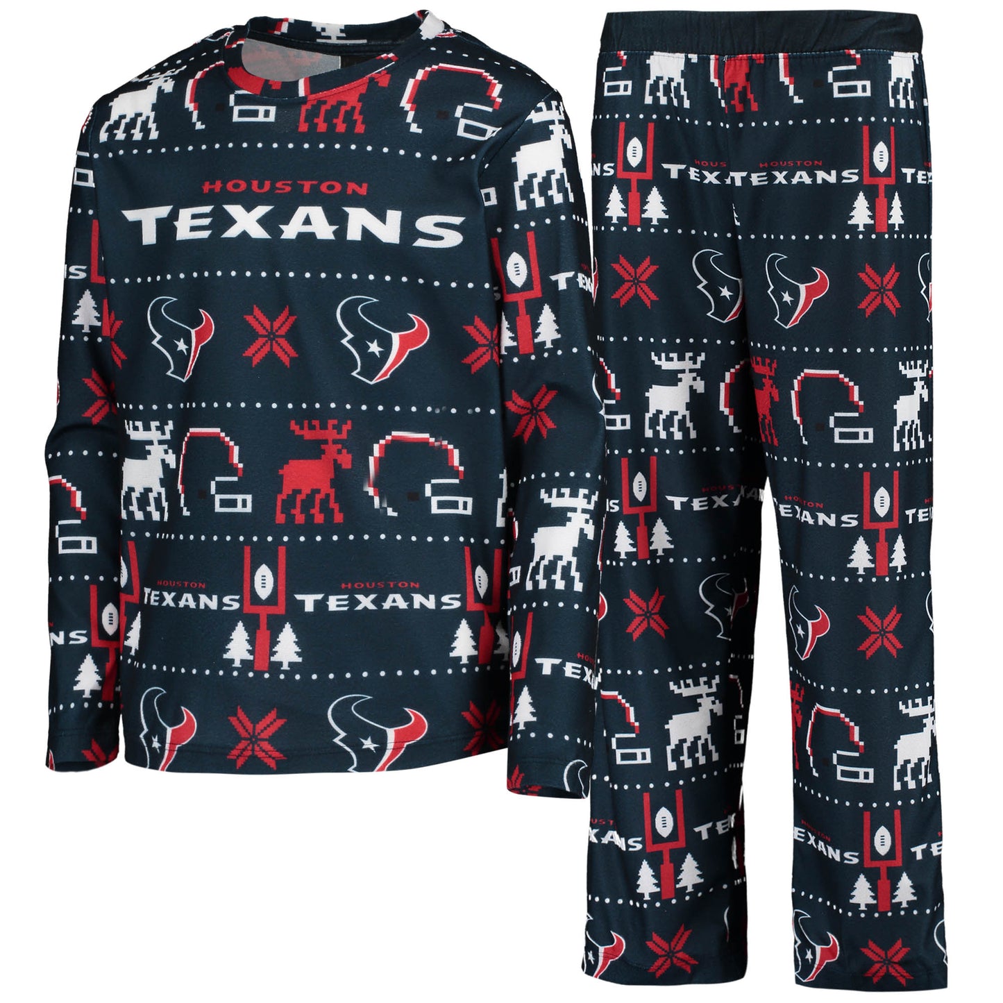 Youth Navy Houston Texans Logo Allover Print Long Sleeve T-Shirt & Pants Holiday Pajamas Sleep Set