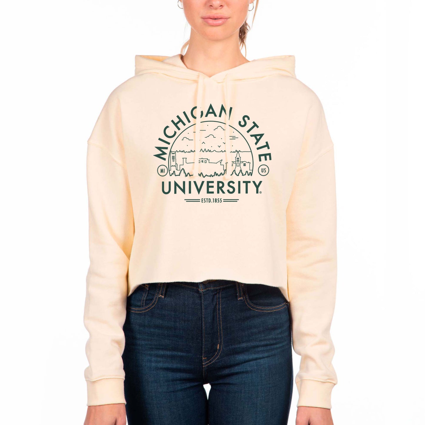 Women's Uscape Apparel Cream Michigan State Spartans Fleece Cropped Pullover Hoodie