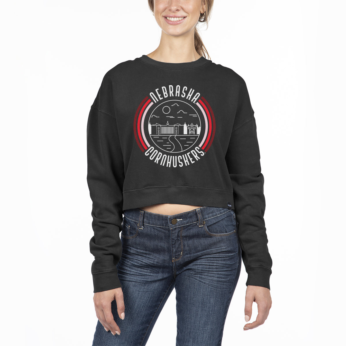 Women's Uscape Apparel Black Nebraska Huskers Pigment Dyed Fleece Crop Crewneck Sweatshirt