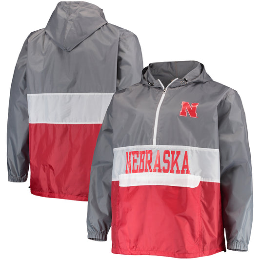 Men's Fanatics Gray/Scarlet Nebraska Huskers Big & Tall Water-Resistant Half-Zip Hoodie