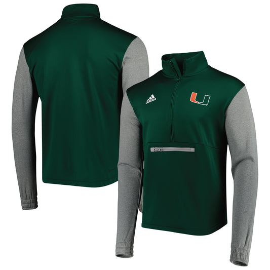 Men's adidas Green/Heathered Gray Miami Hurricanes Team AEROREADY Half-Zip Top