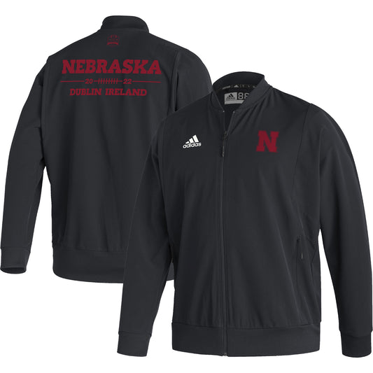 Men's adidas Black Nebraska Huskers Ireland Sideline Woven Primeblue Full-Zip Bomber Jacket