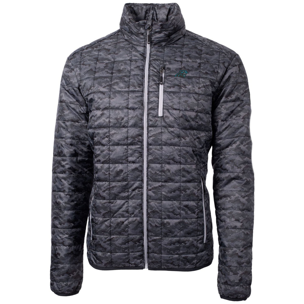 Men's Cutter & Buck Black Carolina Panthers Rainier Printed Full-Zip Puffer Jacket