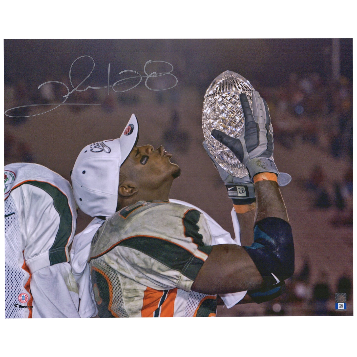 Clinton Portis Miami Hurricanes Autographed 16" x 20" Kissing Football Photograph