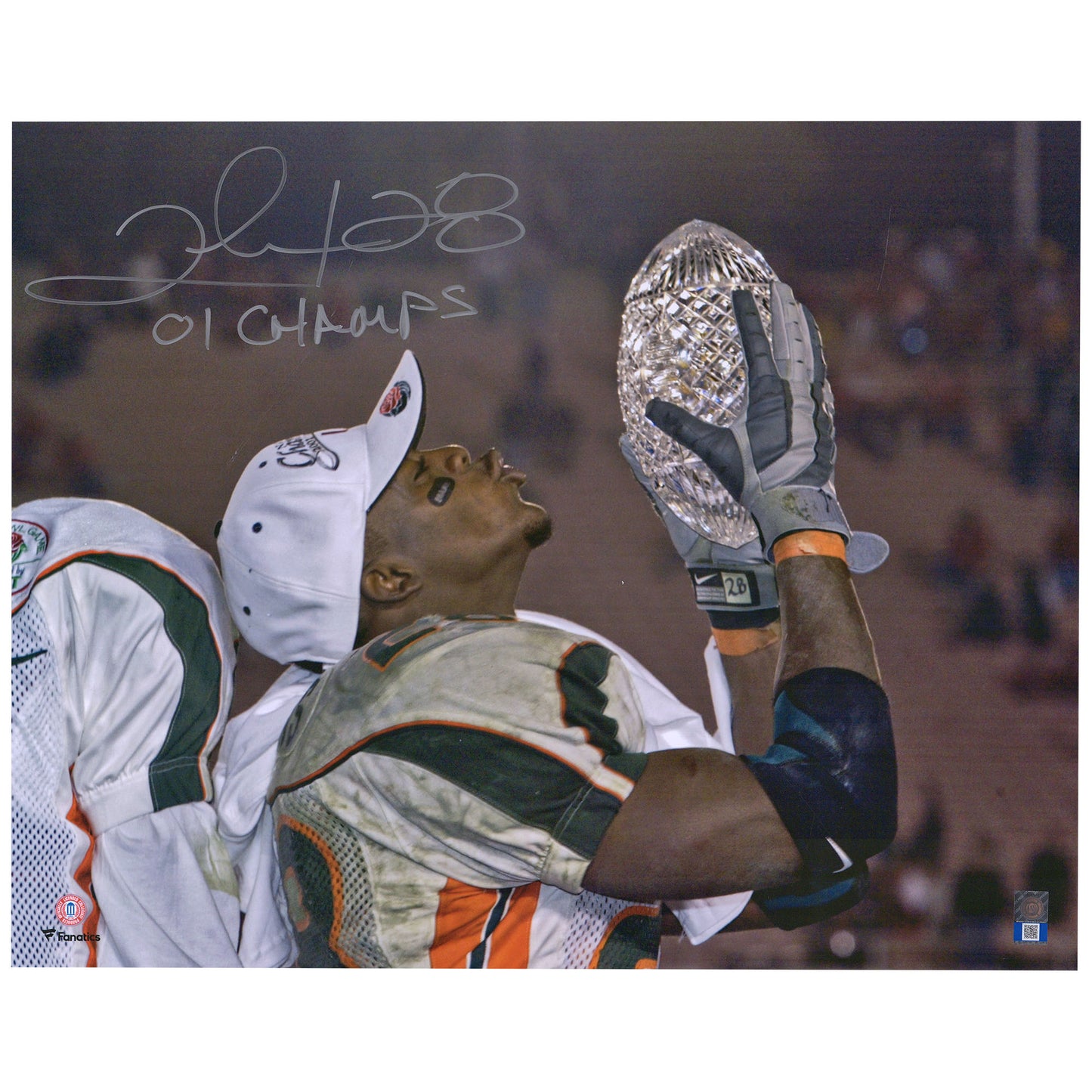 Clinton Portis Miami Hurricanes Autographed 16'' x 20'' Kissing Football Photograph with ''01 CHAMPS'' Inscription