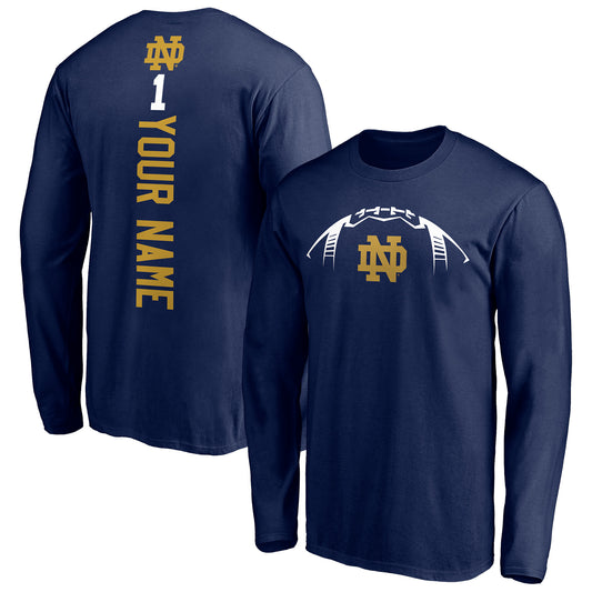 Men's Navy Notre Dame Fighting Irish Playmaker Football Personalized Name Long Sleeve T-Shirt