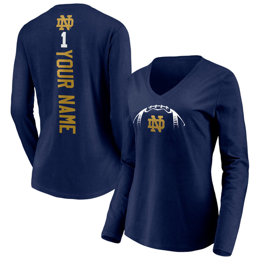 Women's Navy Notre Dame Fighting Irish Playmaker Football Personalized Name Long Sleeve V-Neck T-Shirt