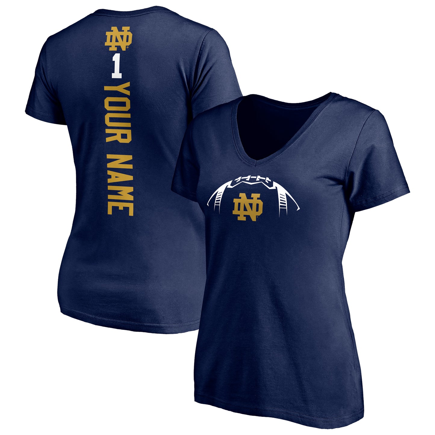 Women's Navy Notre Dame Fighting Irish Playmaker Football Personalized Name V-Neck T-Shirt