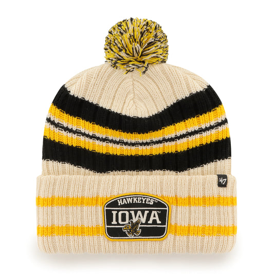 Men's '47 Natural Iowa Hawkeyes Hone Patch Cuffed Knit Hat with Pom