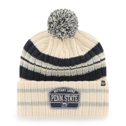 Men's '47 Natural Penn State Nittany Lions Hone Patch Cuffed Knit Hat with Pom