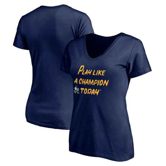 Women's Navy Notre Dame Fighting Irish Play Like A Champion Today Leprechaun V-Neck T-Shirt