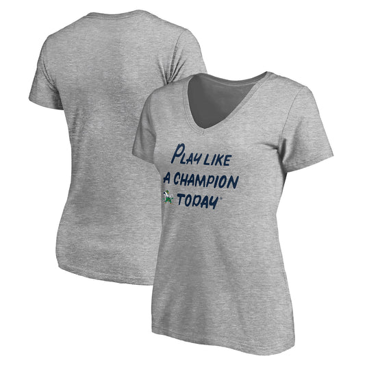 Women's Heathered Gray Notre Dame Fighting Irish Play Like A Champion Today Leprechaun V-Neck T-Shirt