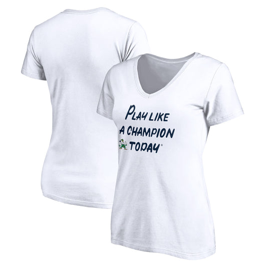 Women's White Notre Dame Fighting Irish Play Like A Champion Today Leprechaun V-Neck T-Shirt