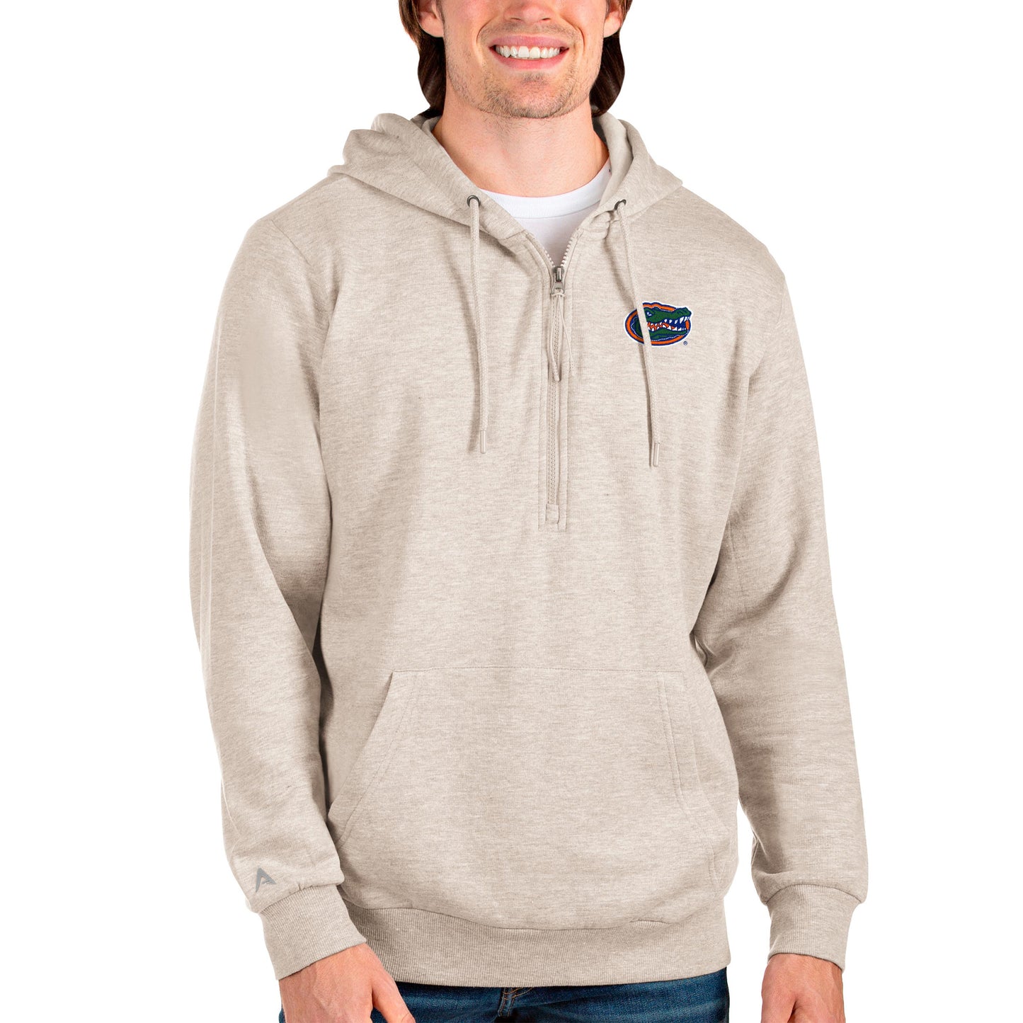 Men's Antigua Oatmeal Florida Gators Action Quarter-Zip Pullover Hoodie