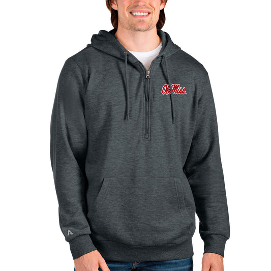 Men's Antigua Heathered Charcoal Ole Miss Rebels Action Quarter-Zip Pullover Hoodie