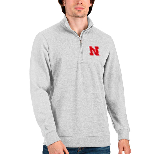 Men's Antigua Heathered Gray Nebraska Huskers Action Quarter-Zip Pullover Sweatshirt