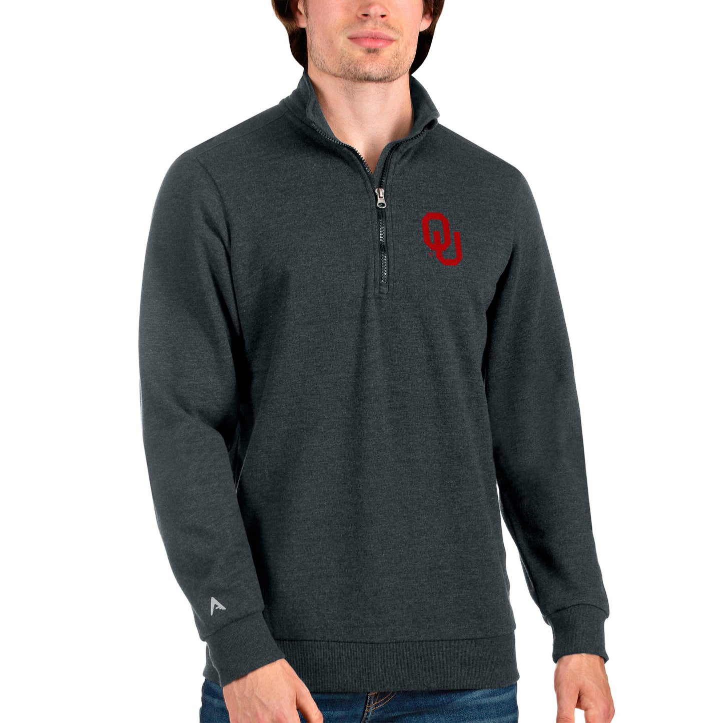 Men's Antigua Heathered Charcoal Oklahoma Sooners Action Quarter-Zip Pullover Sweatshirt