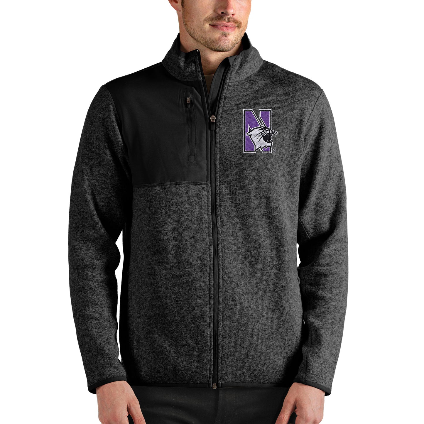 Men's Antigua Heathered Black Northwestern Wildcats Fortune Full-Zip Jacket