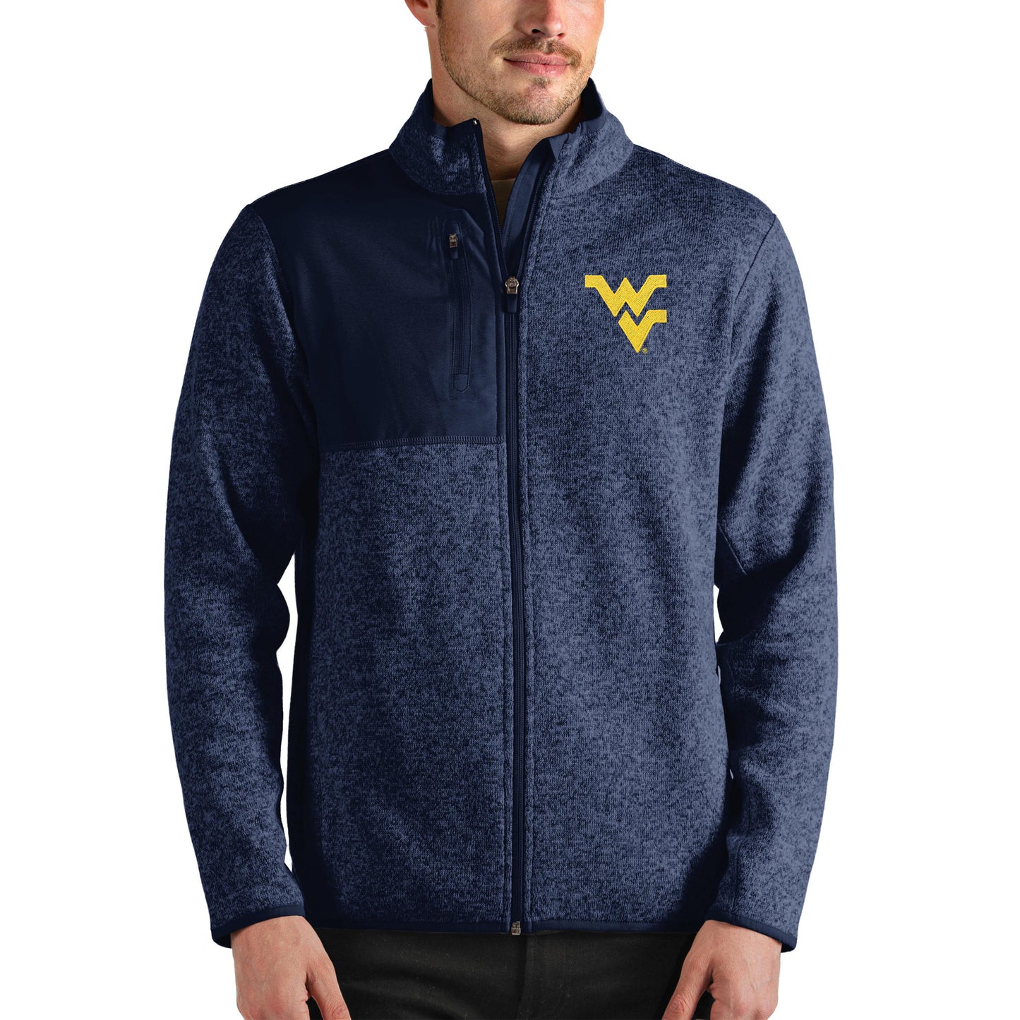 Men's Antigua Heathered Navy West Virginia Mountaineers Fortune Full-Zip Jacket