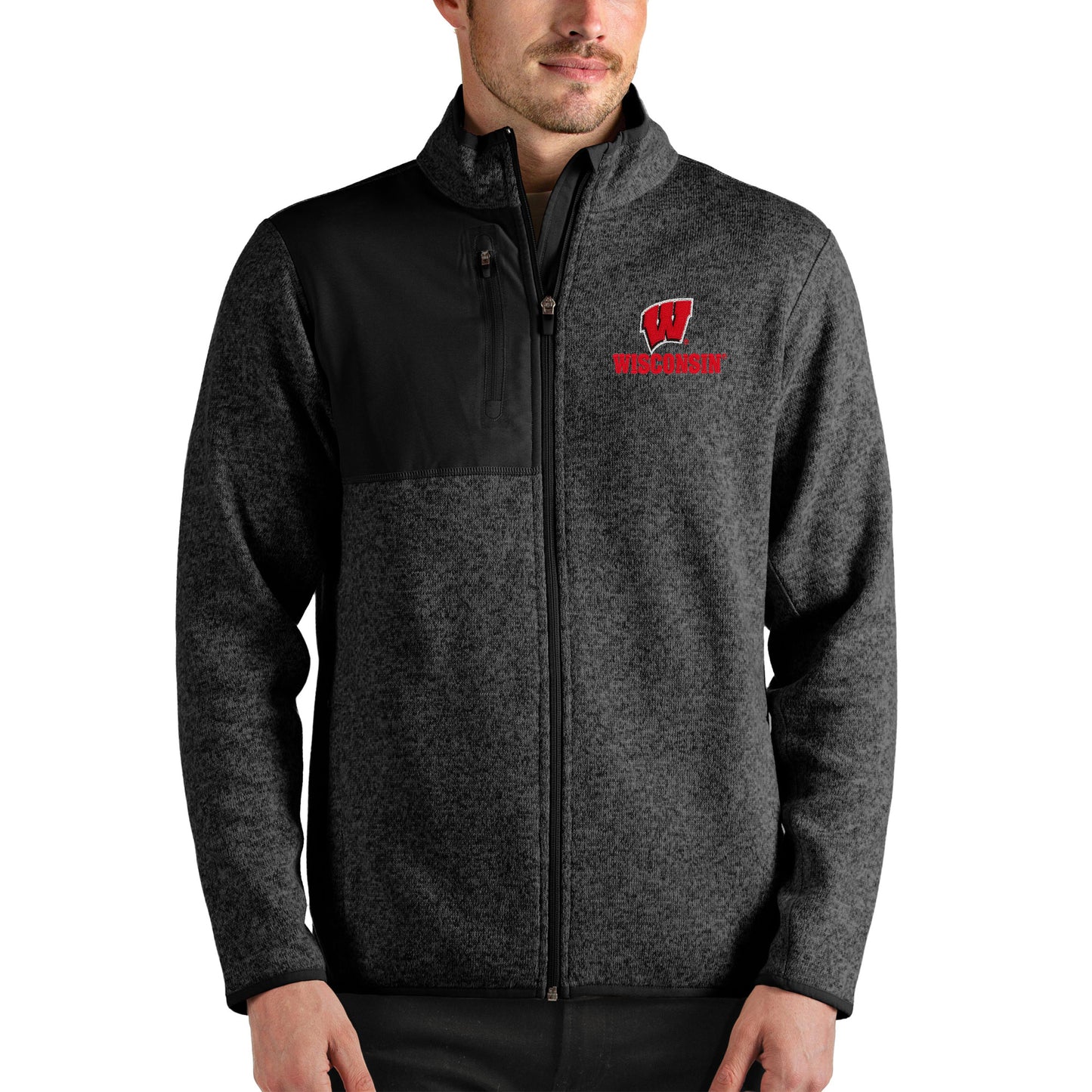 Men's Antigua Heathered Black Wisconsin Badgers Fortune Full-Zip Jacket