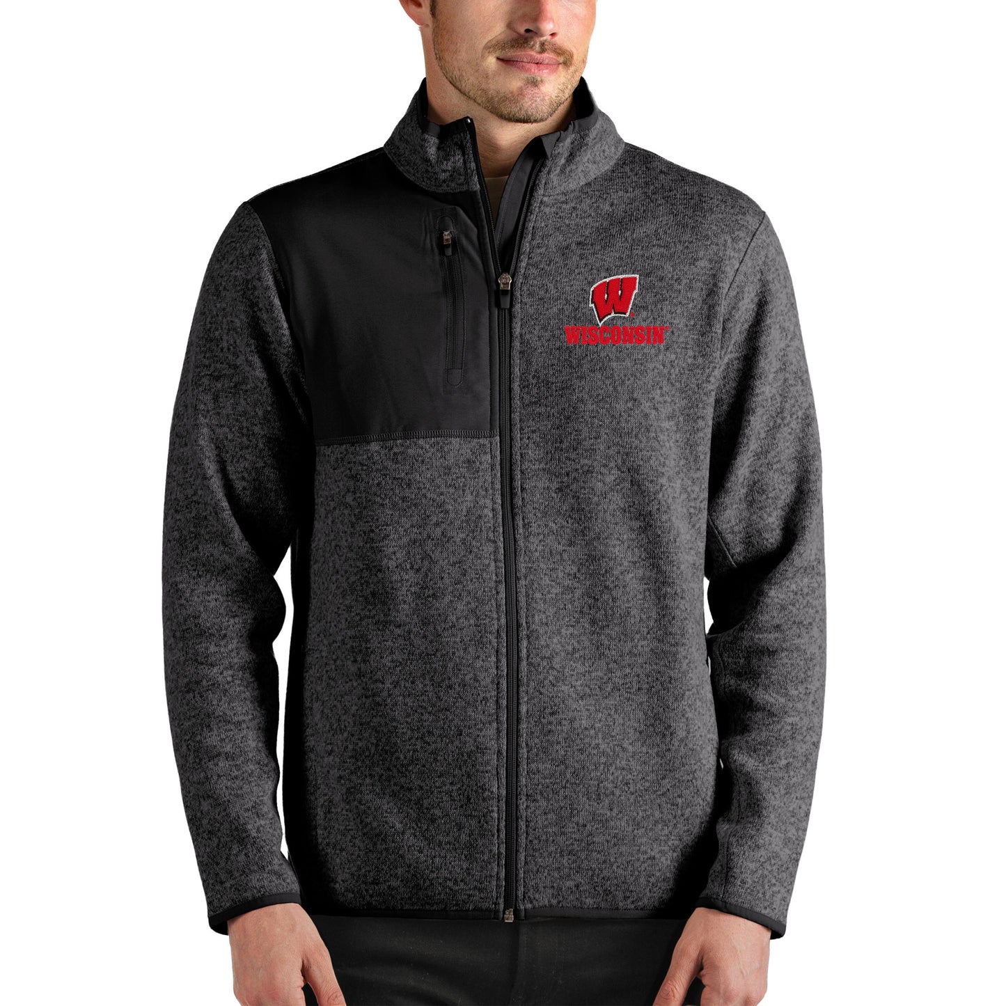 Men's Antigua Heathered Charcoal Wisconsin Badgers Fortune Full-Zip Jacket