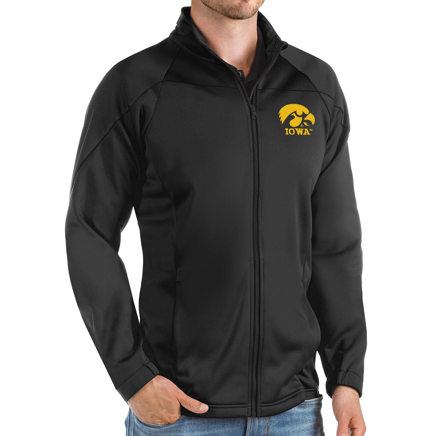 Men's Antigua Black Iowa Hawkeyes Links Full-Zip Golf Jacket