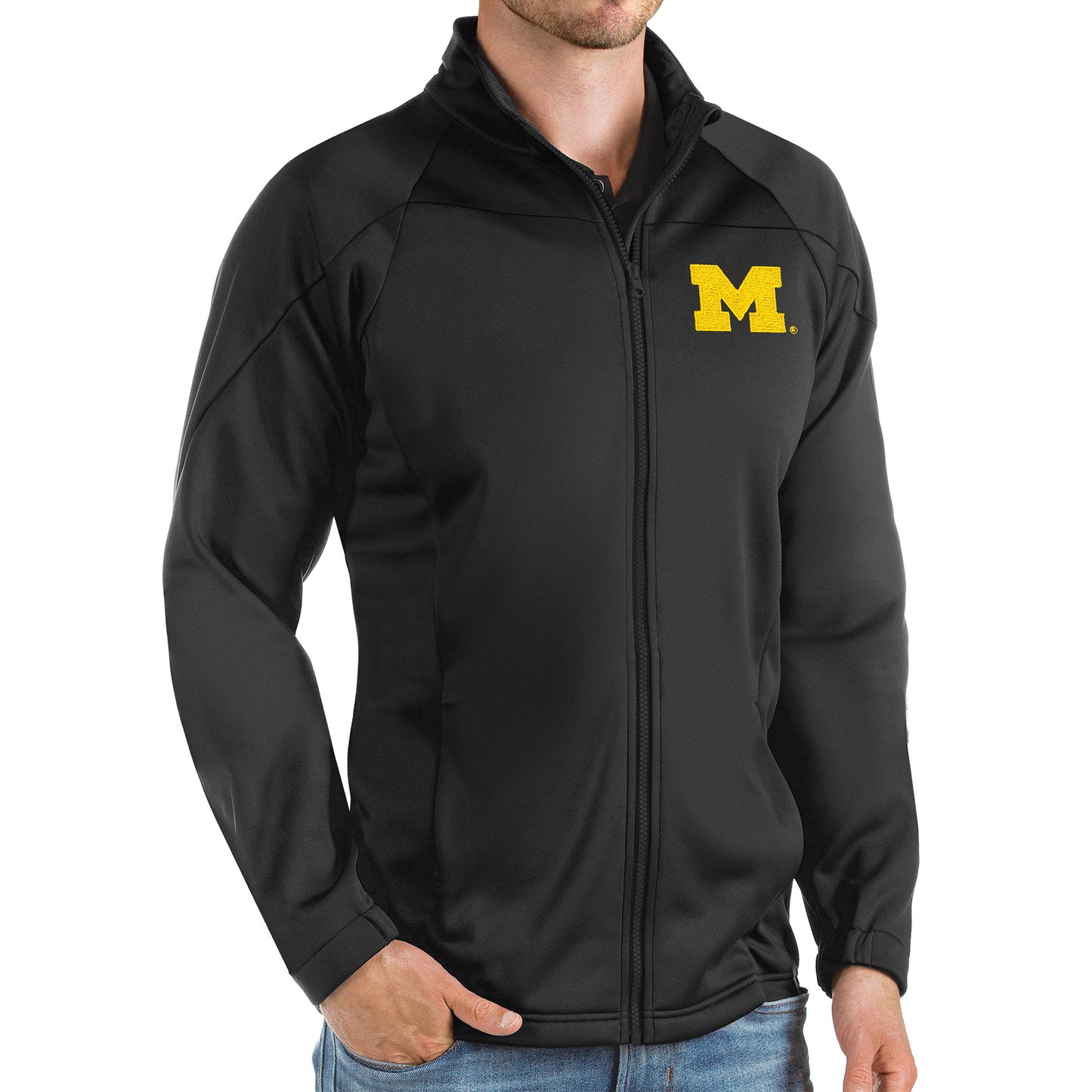 Men's Antigua Black Michigan Wolverines Links Full-Zip Golf Jacket