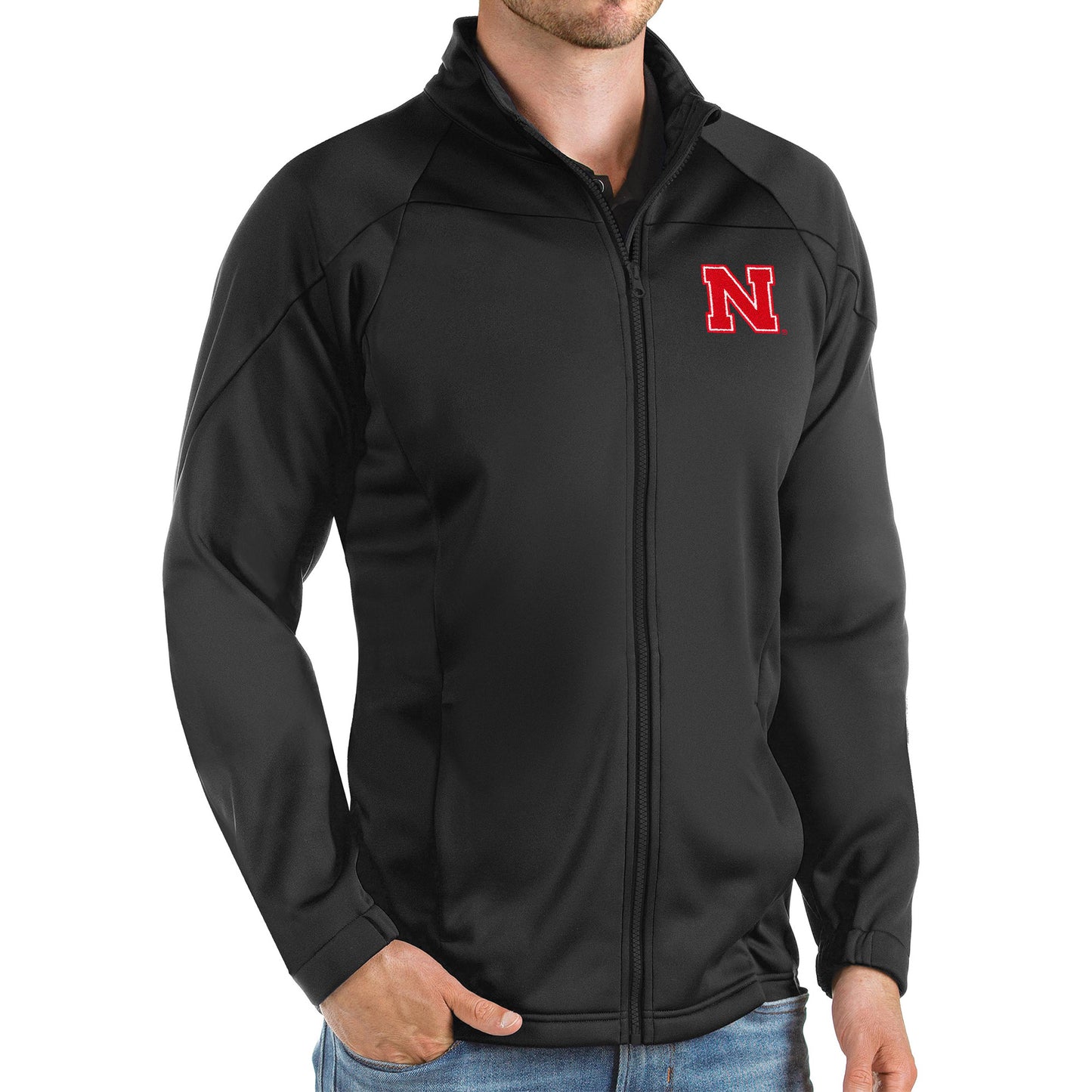 Men's Antigua Black Nebraska Huskers Links Full-Zip Golf Jacket