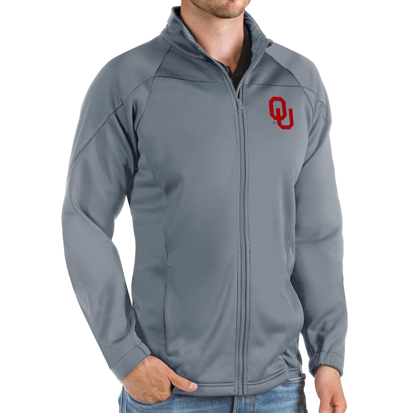 Men's Antigua Steel Oklahoma Sooners Links Full-Zip Golf Jacket