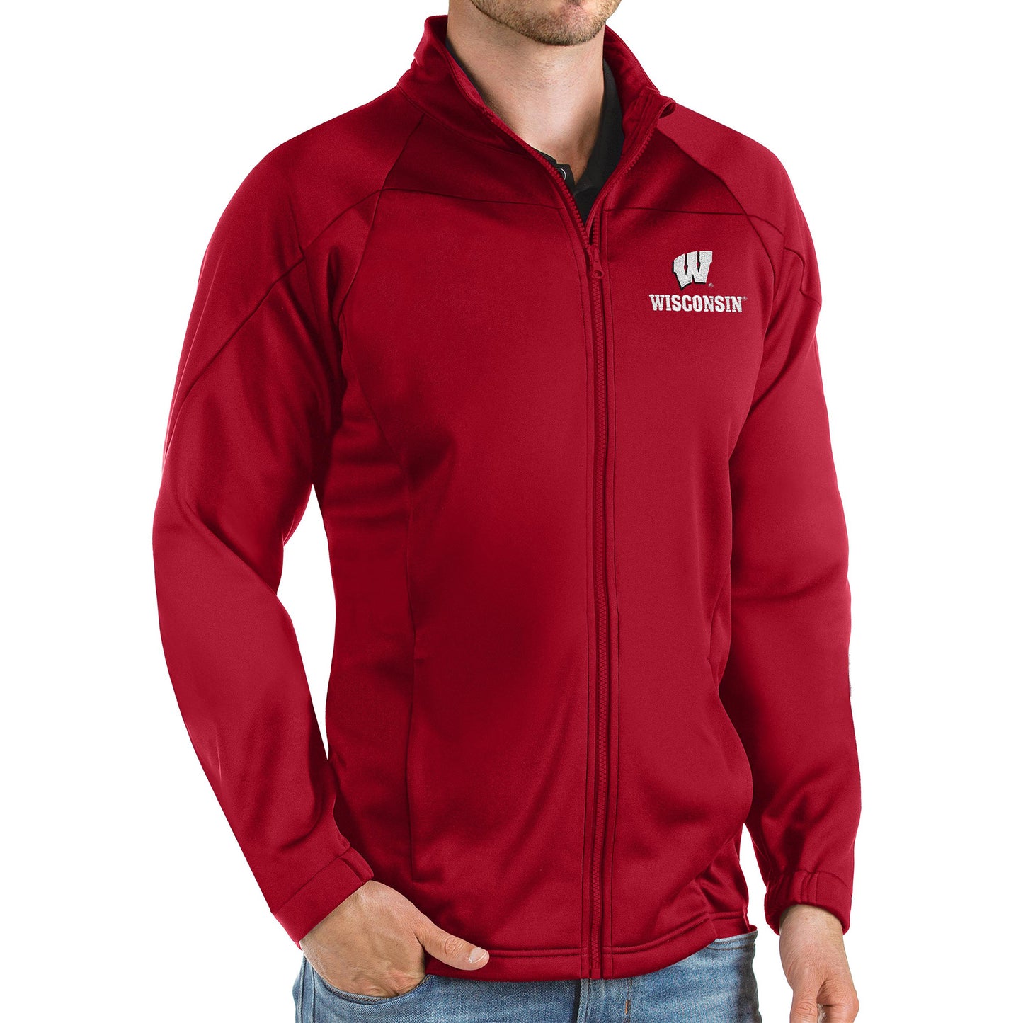 Men's Antigua Red Wisconsin Badgers Links Full-Zip Golf Jacket