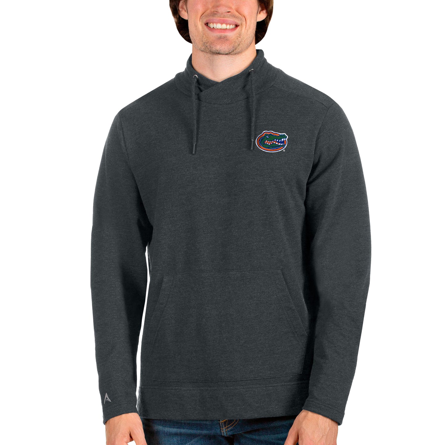 Men's Antigua Heathered Charcoal Florida Gators Reward Crossover Neckline Pullover Sweatshirt