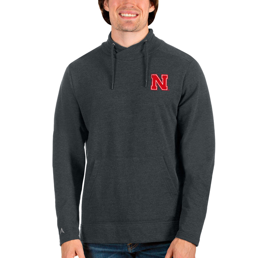 Men's Antigua Heathered Charcoal Nebraska Huskers Reward Crossover Neckline Pullover Sweatshirt