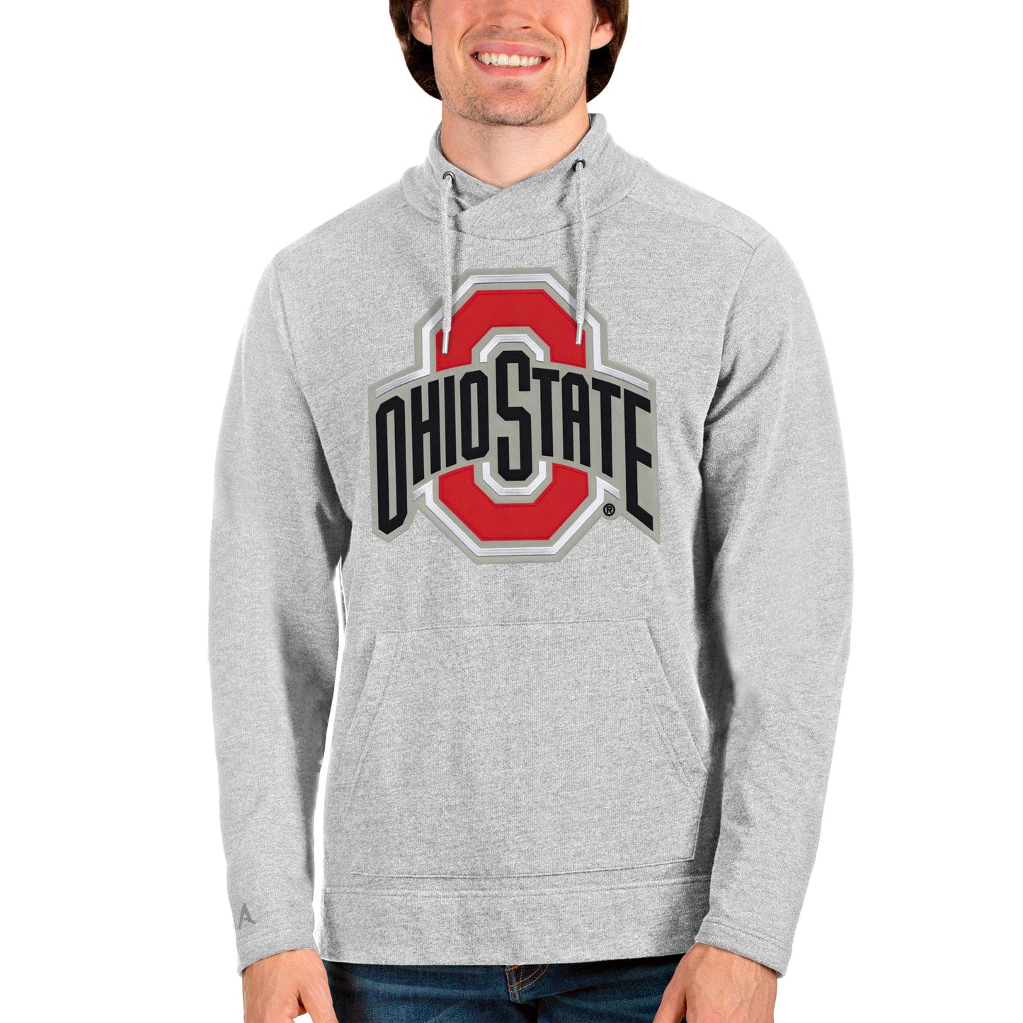 Men's Antigua Heathered Gray Ohio State Buckeyes Team Logo Reward Crossover Neckline Pullover Sweatshirt
