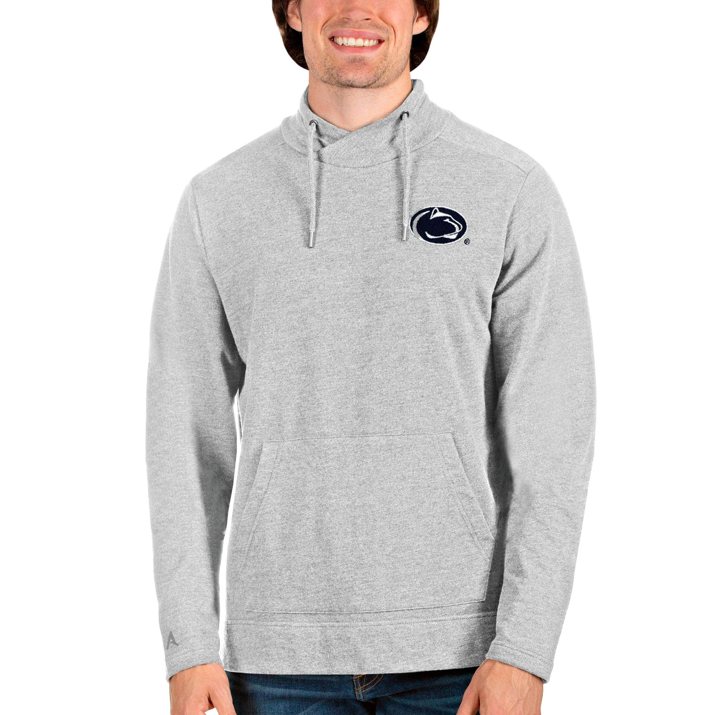 Men's Antigua Heathered Gray Penn State Nittany Lions Reward Crossover Neckline Pullover Sweatshirt