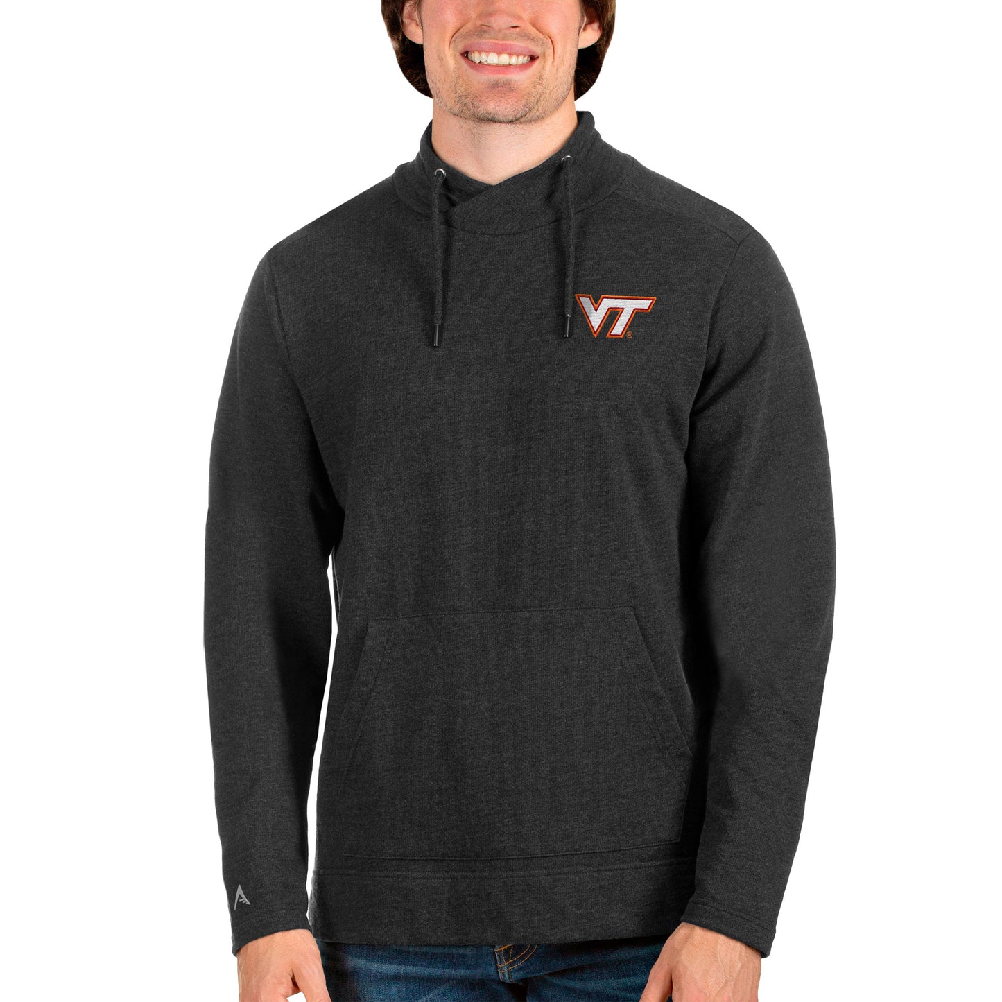 Men's Antigua Heathered Black Virginia Tech Hokies Reward Crossover Neckline Pullover Sweatshirt