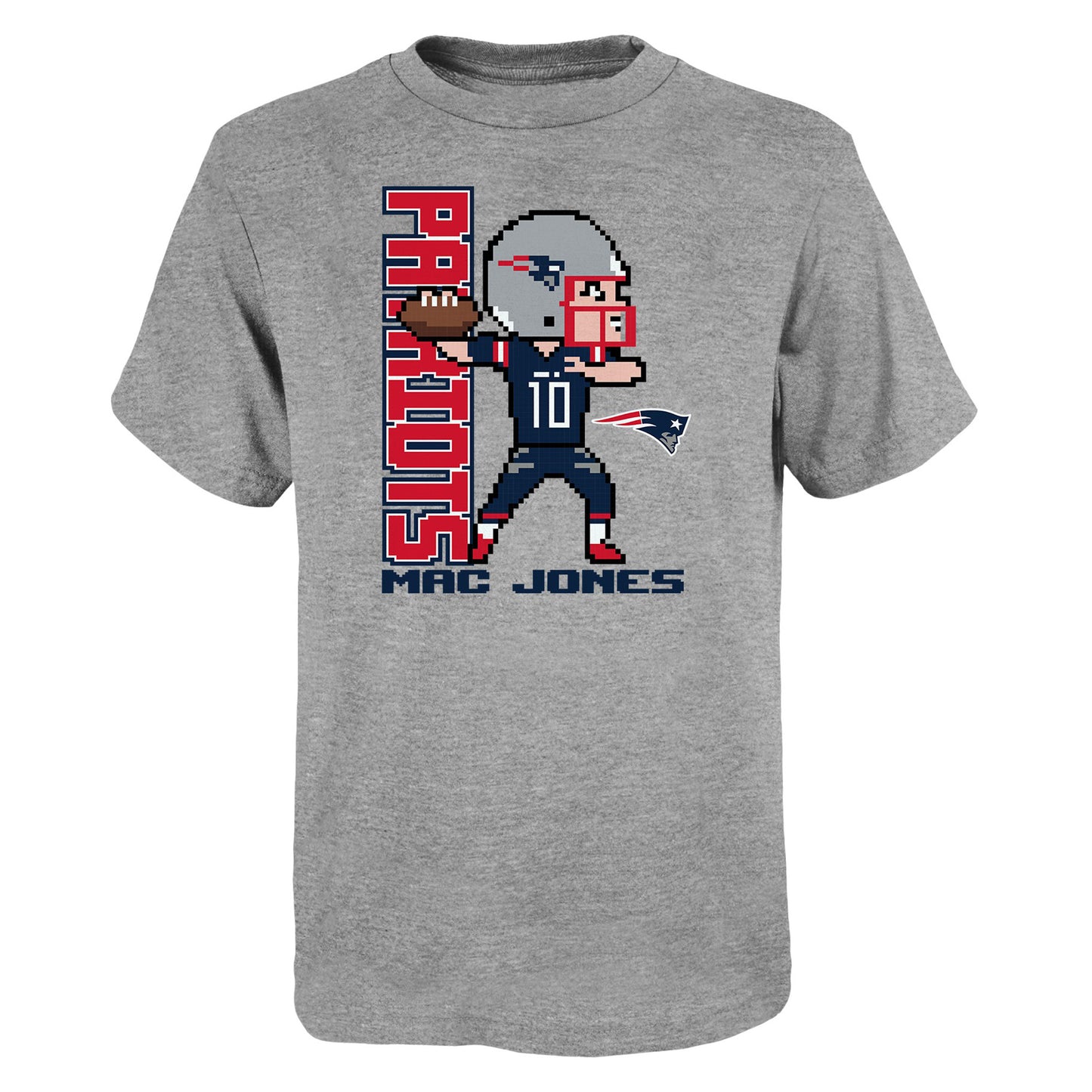 Youth Mac Jones Heathered Gray New England Patriots Pixel Player 2.0 T-Shirt