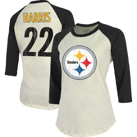 Women's Majestic Threads Najee Harris Cream Pittsburgh Steelers Player Name & Number Tri-Blend Three-Quarter Sleeve T-Shirt