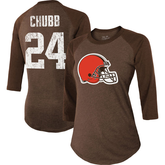 Women's Majestic Threads Nick Chubb Brown Cleveland Browns Player Name & Number Tri-Blend 3/4-Sleeve Fitted T-Shirt