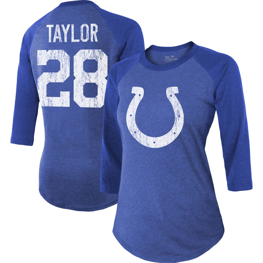 Women's Majestic Threads Jonathan Taylor Royal Indianapolis Colts Player Name & Number Raglan Tri-Blend 3/4-Sleeve T-Shirt