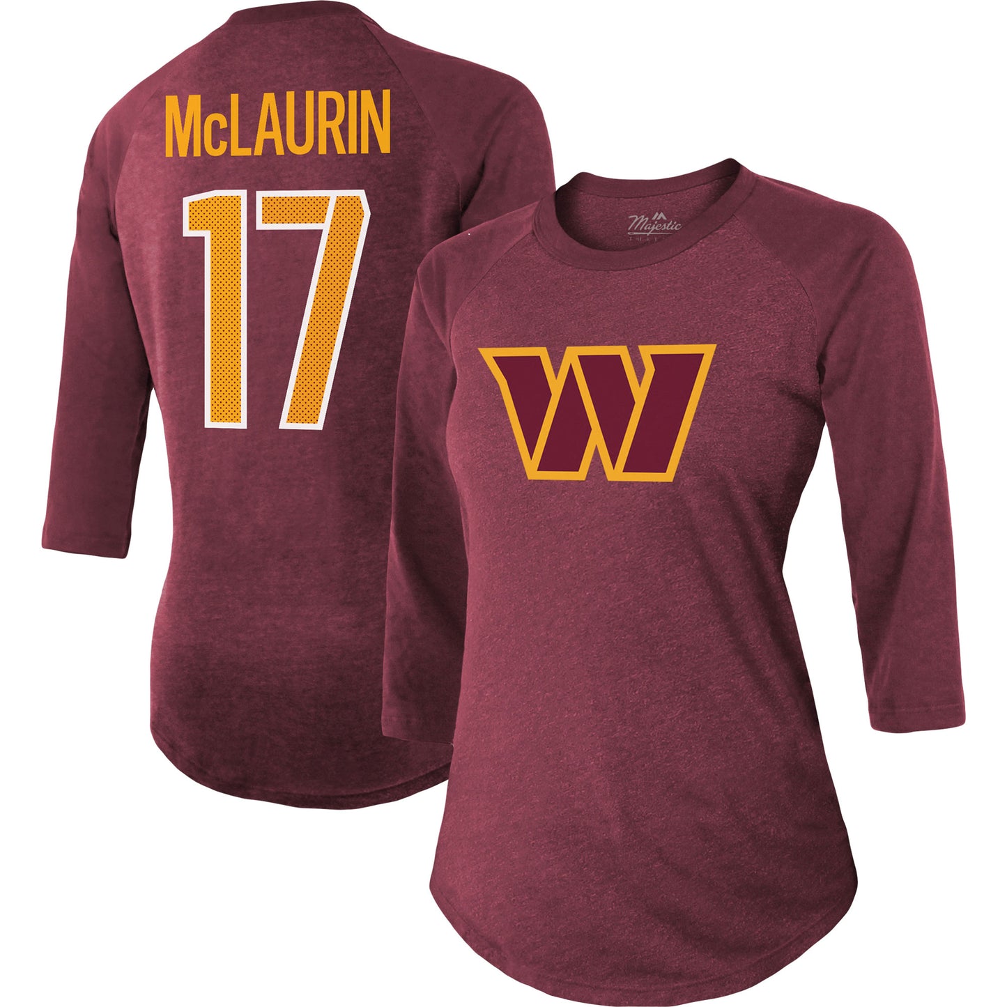 Women's Majestic Threads Terry McLaurin Burgundy Washington Commanders Name & Number Raglan 3/4 Sleeve T-Shirt