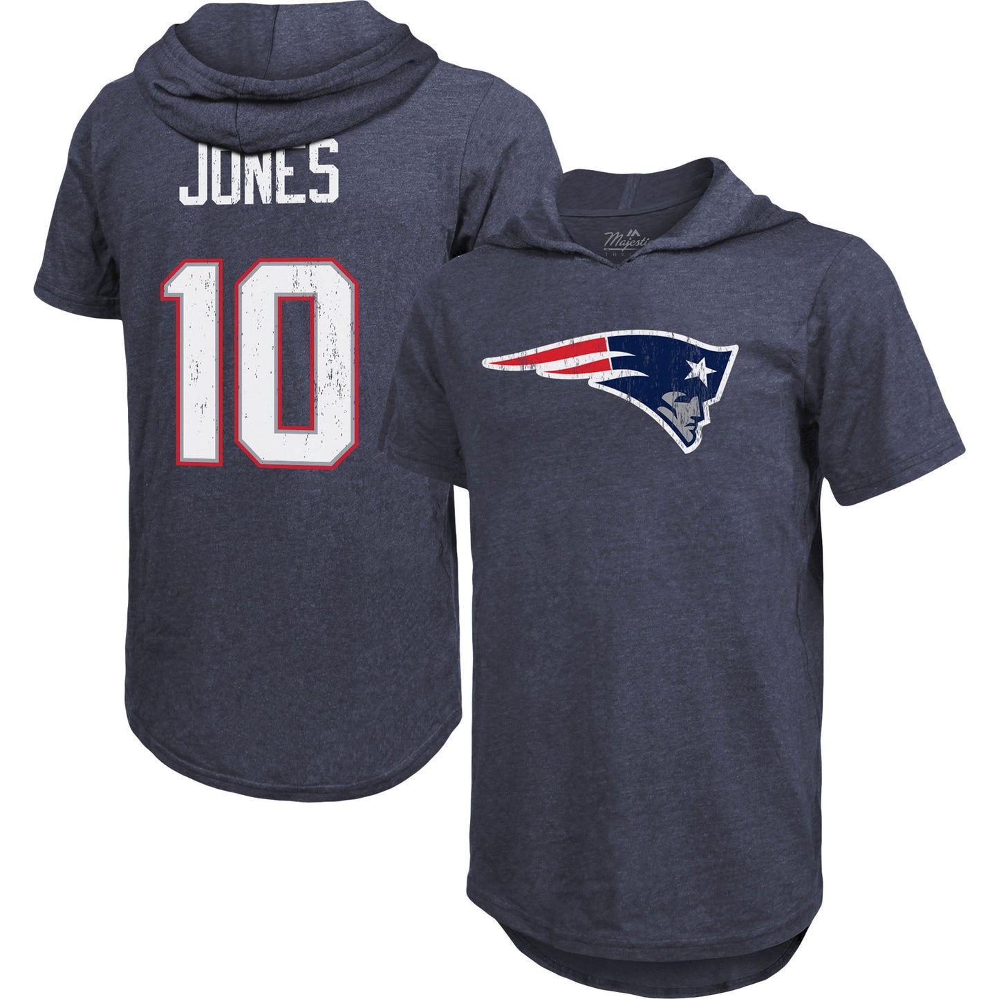 Men's Majestic Threads Mac Jones Navy New England Patriots Player Name & Number Tri-Blend Hoodie T-Shirt