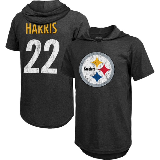 Men's Majestic Threads Najee Harris Black Pittsburgh Steelers Player Name & Number Tri-Blend Hoodie T-Shirt