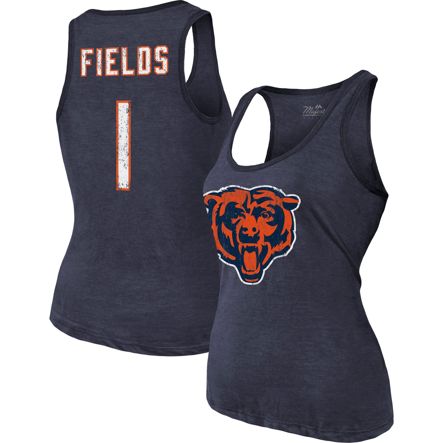 Women's Majestic Threads Justin Fields Heathered Navy Chicago Bears Name & Number Tri-Blend Tank Top