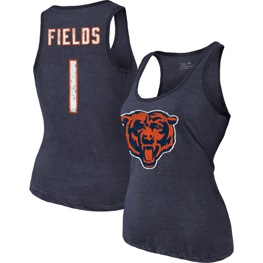 Women's Majestic Threads Justin Fields Heathered Navy Chicago Bears Name & Number Tri-Blend Tank Top