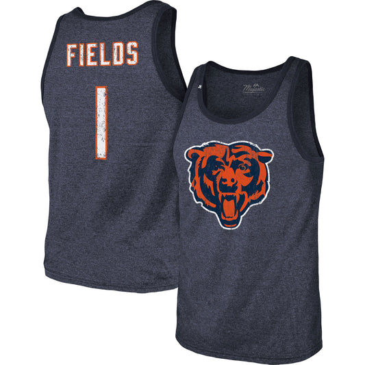 Men's Majestic Threads Justin Fields Heather Navy Chicago Bears Name & Number Tri-Blend Tank Top