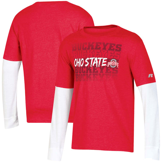 Youth Russell Heathered Scarlet Ohio State Buckeyes Layered Long Sleeve T-Shirt