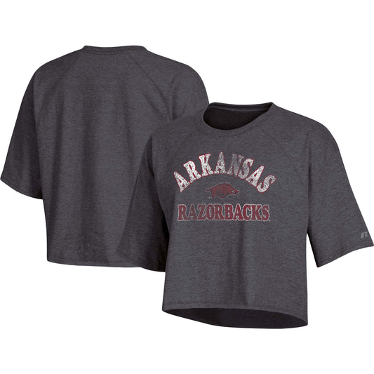 Women's Russell Heathered Charcoal Arkansas Razorbacks Raglan Half-Sleeve Cropped T-Shirt